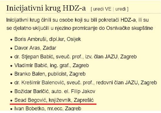 Faksimil teksta na Wikipediji: Sead Begović na spisku članova Inicijativnog kruga za osnivanje HDZ-a - Avaz