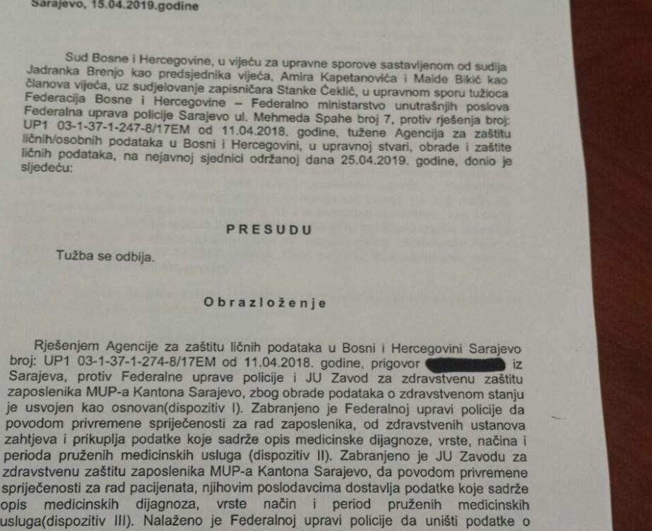 Faksimil dijela presude Suda BiH: Potvrdili stavove Agencije - Avaz