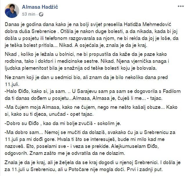 Faksimil statusa Almase Hadžić - Avaz
