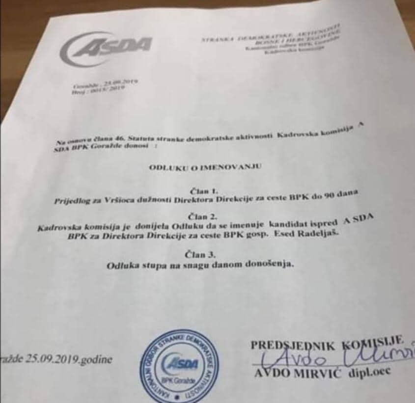 Odluka predsjednika Kadrovske komisije ASDA u Goraždu Avde Mirvića - Avaz