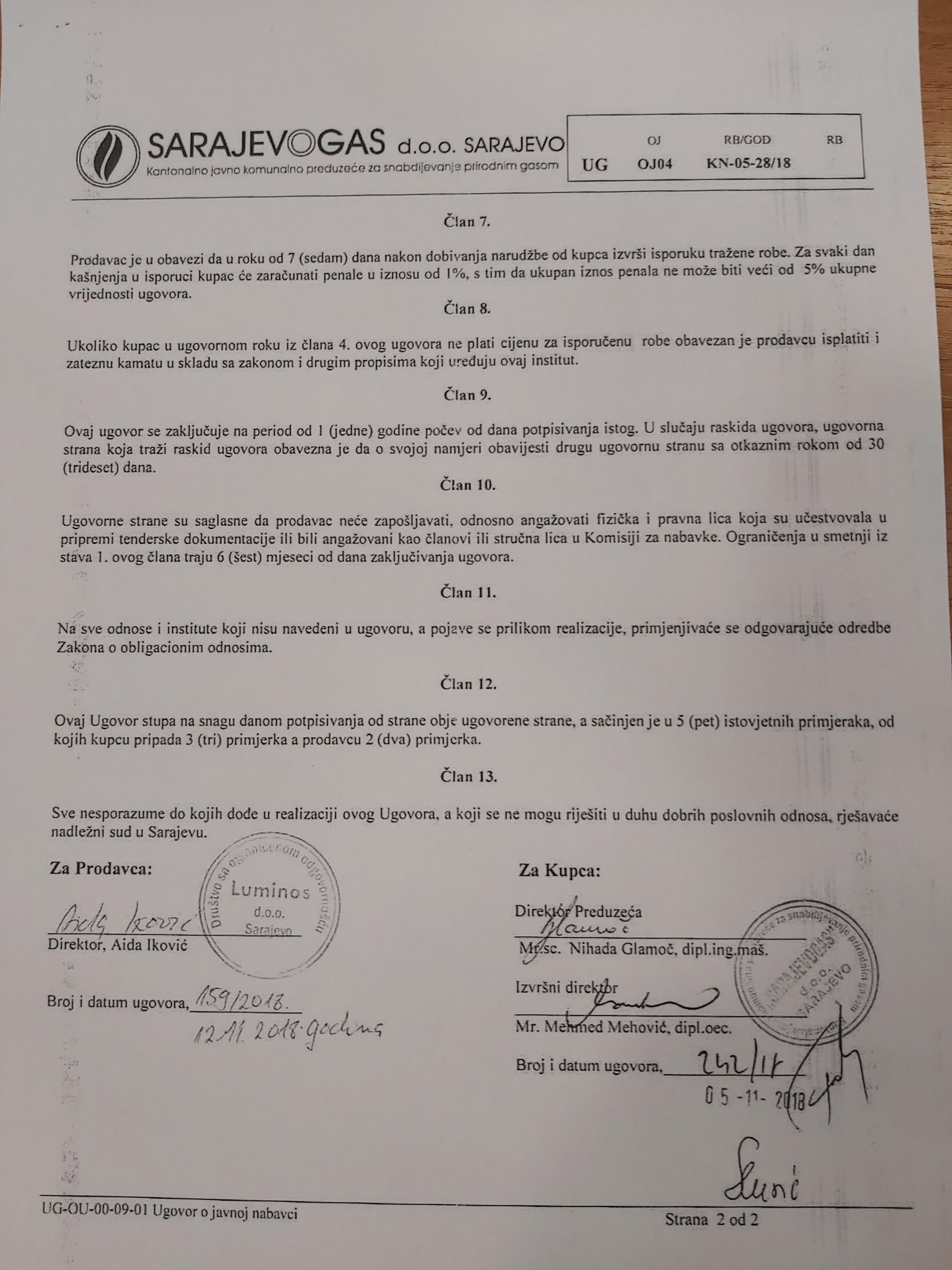 Ugovor koji je potpisala Glamoč s firmom svoga djevera kao direktorica ''Sarajevogasa'' iz novembra 2018. godine - Avaz