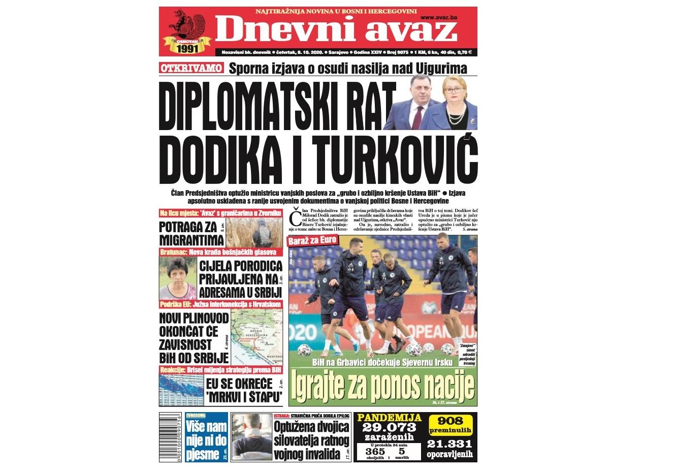 Danas u "Dnevnom avazu" čitajte: Diplomatski rat Dodika i Turković