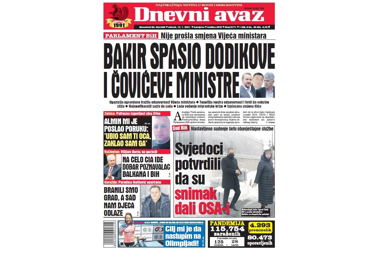 Danas u "Dnevnom avazu" čitajte: Bakir spasio Dodikove i Čovićeve ministre