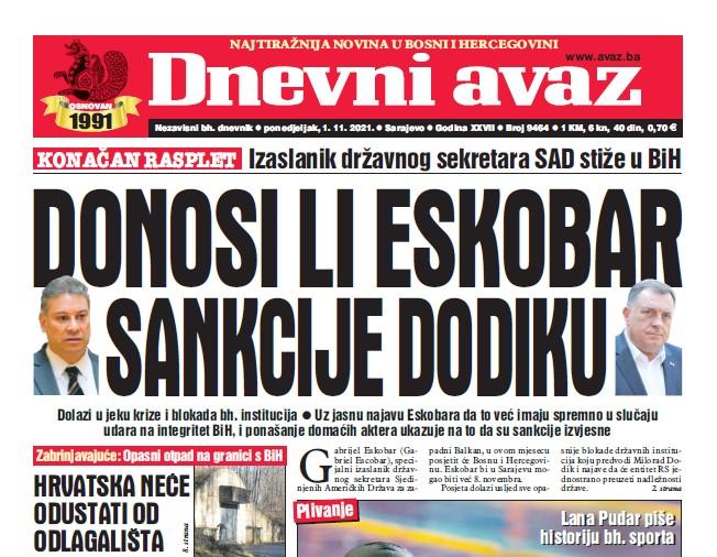 Današnji "Dnevni avaz": Donosi li Eskobar sankcije Dodiku