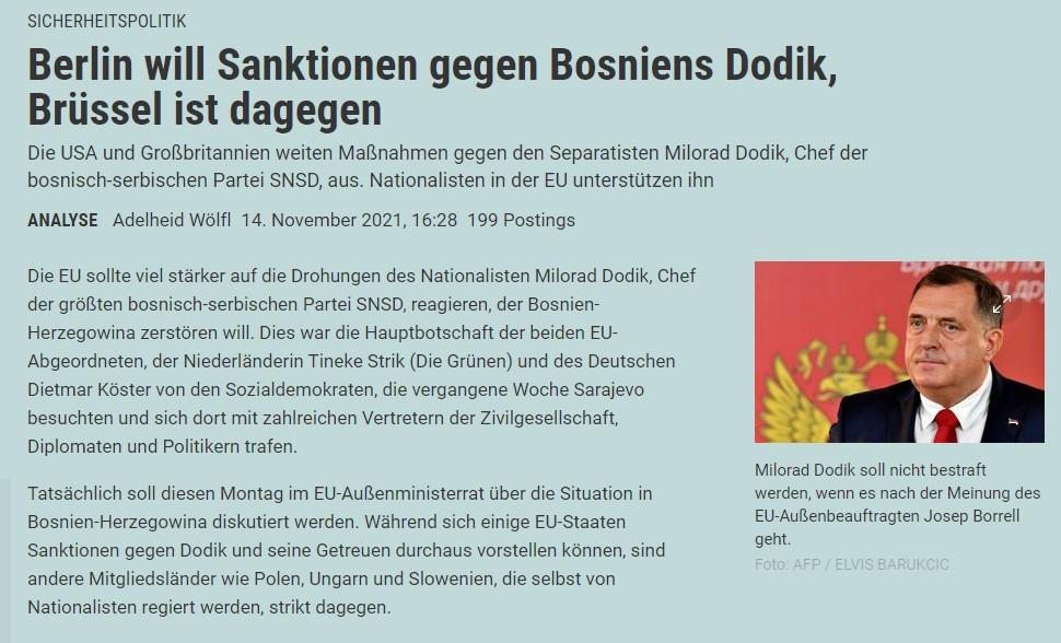 Austrijski Der Standard: Berlin želi sankcionisati Dodika, Brisel protiv te odluke