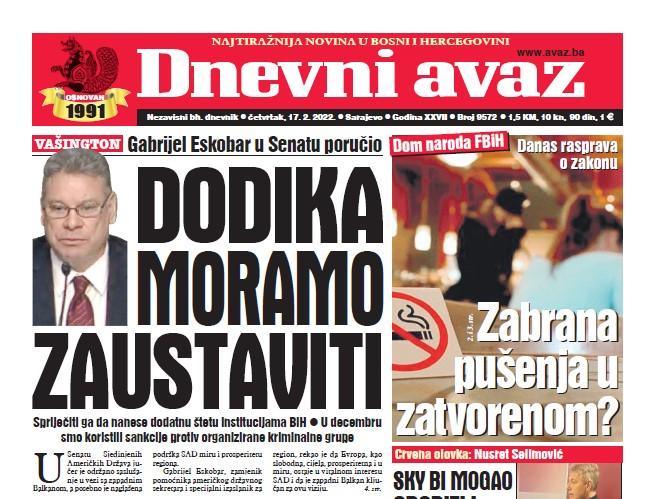 Danas u "Dnevnom avazu" čitajte: Dodika moramo zaustaviti