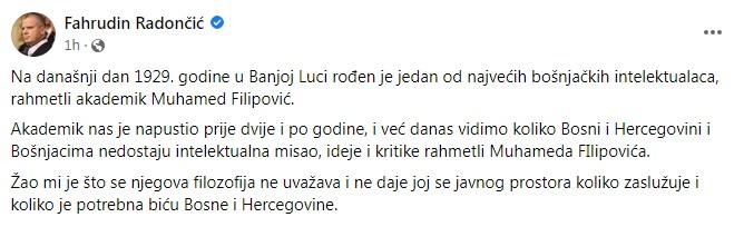 Objava Fahrudina Radončića na Facebooku - Avaz