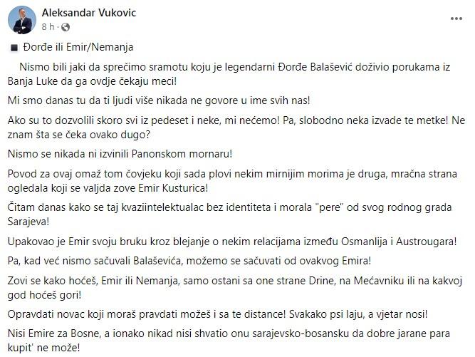 Objava Vukovića na Facebooku - Avaz