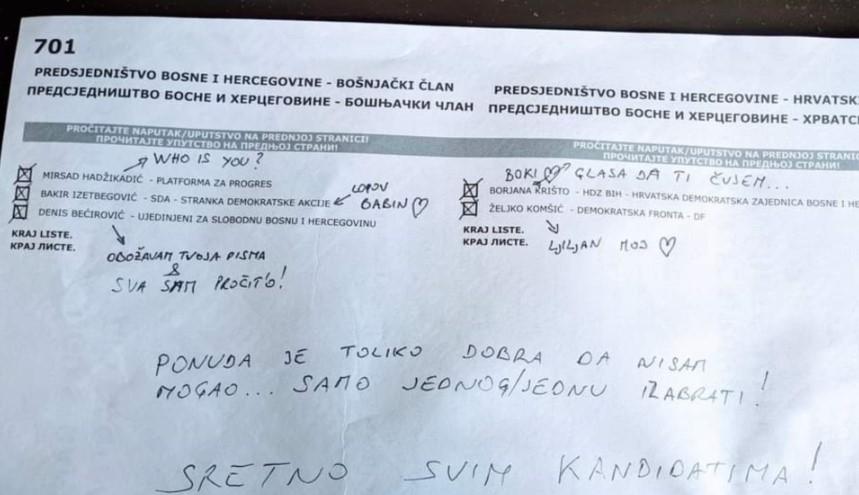 Jedan birač iz inostranstva poslao je redakciji RSE fotografiju svog poništenog listića, uz obrazloženje da "nije bio zadovoljan nijednim kandidatom" - Avaz