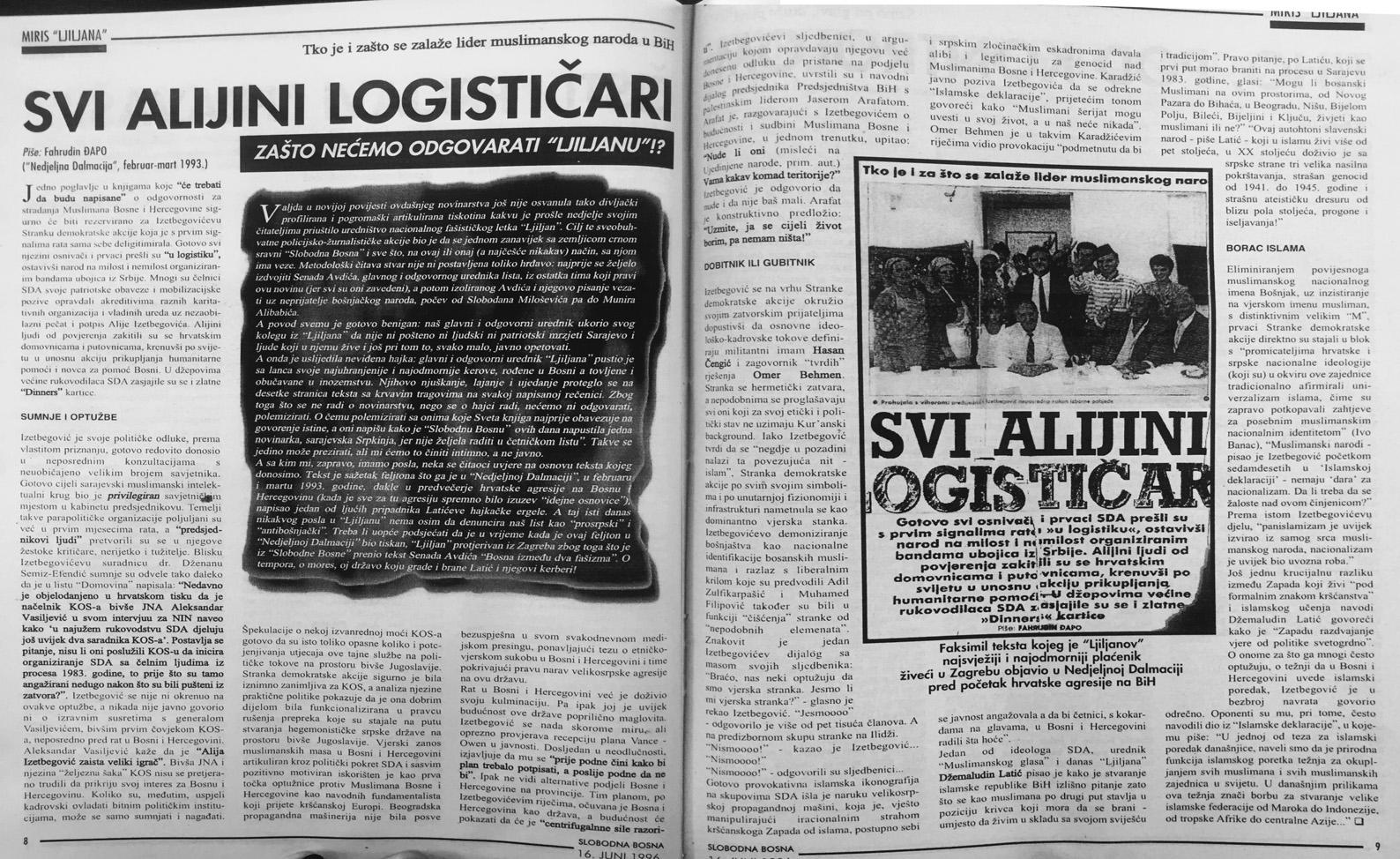 Faksimil teksta iz “Slobodne Bosne” od 16. juna 1996. godine, gdje je donesen i faksimil teksta koji je tadašnji “Ljiljanov” novinar, dok je živio u Zagrebu, objavio u “Nedjeljnoj Dalmaciji” 1993. godine - Avaz