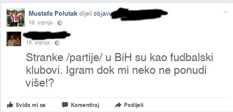 Jedan od Polutkovih statusa na FB-u: Priznaje da igra za one koji mu ponude više - Avaz
