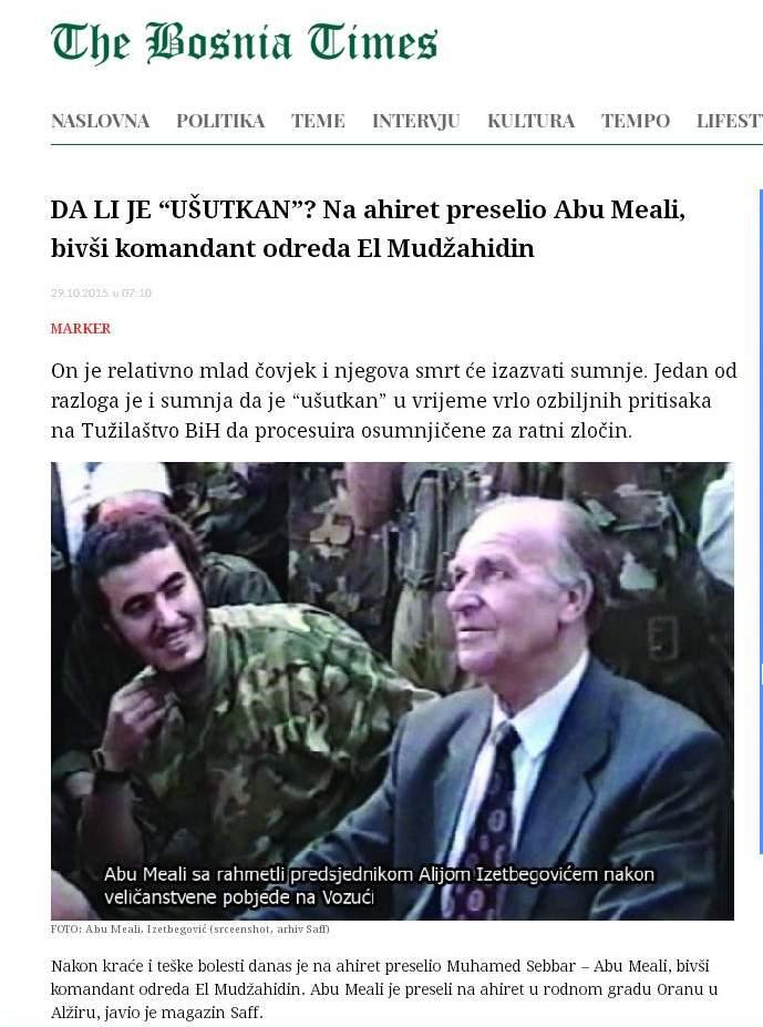 Faksimil teksta s portala “The Bosnia Times” koji je prvi ukazao na to da smrt Abu Mealija izaziva sumnje - Avaz