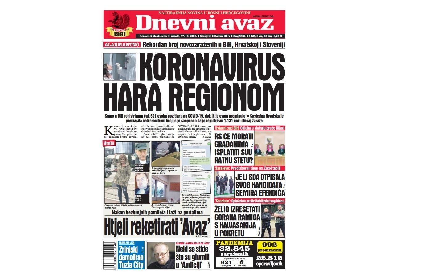 Danas u "Dnevnom avazu" čitajte: Koronavirus hara regionom