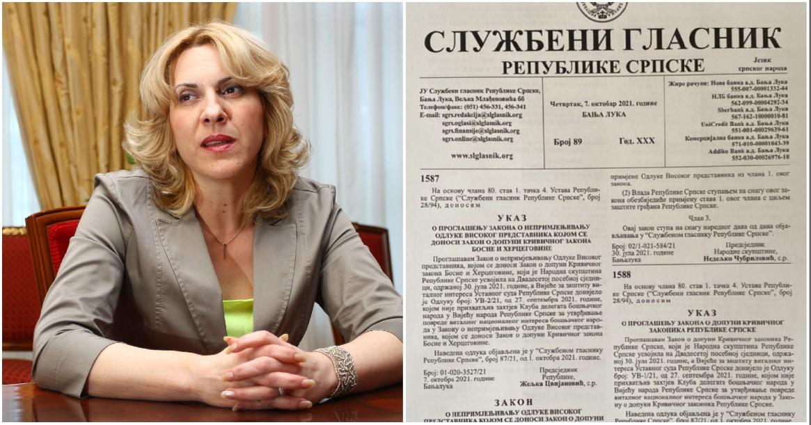 Cvijanović objavila Ukaz: Od sutra "Inckov zakon" ne važi u RS, zabranjeno javno izrugivanje manjem bh. entitetu