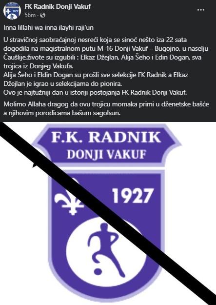 Objava na Facebook stranici FK Radnik Donji Vakuf - Avaz