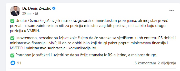 Facebook status Denisa Zvizdića - Avaz