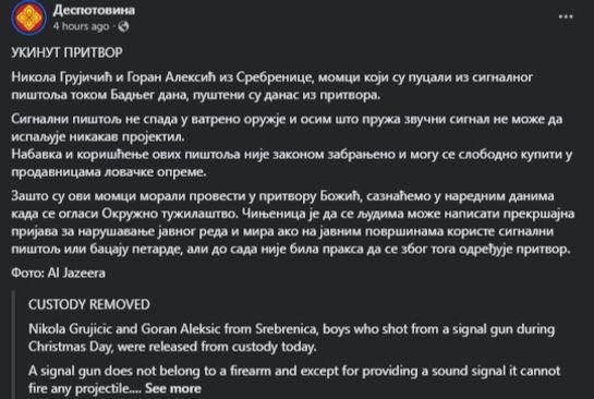 Objava na stranici Despotovina - Avaz