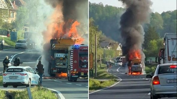 Video / Drama na putu Tuzla-Srebrenik: Zapalila se radna mašina dizalica 