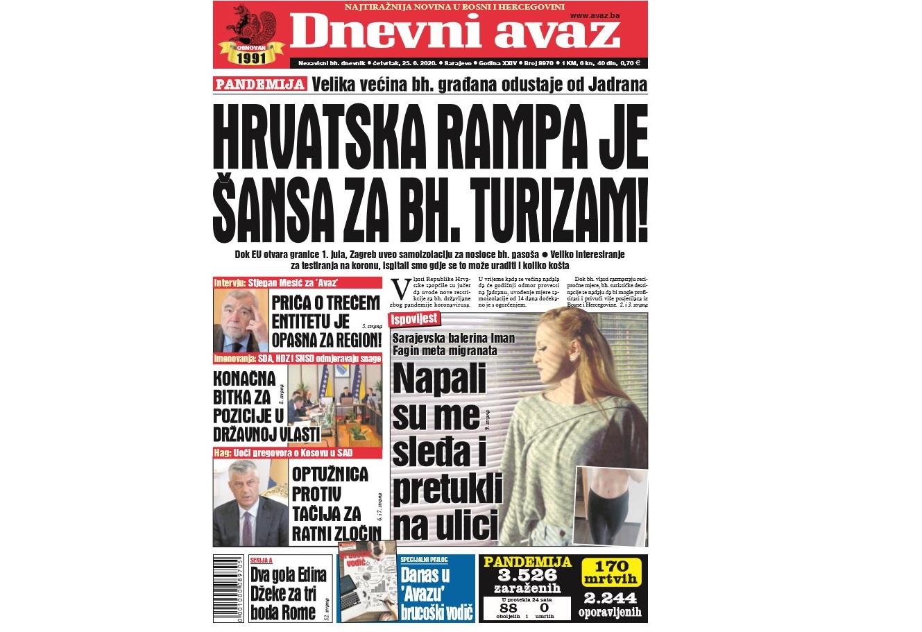 Danas u "Dnevnom avazu" čitajte: Hrvatska rampa je šansa za bh. turizam