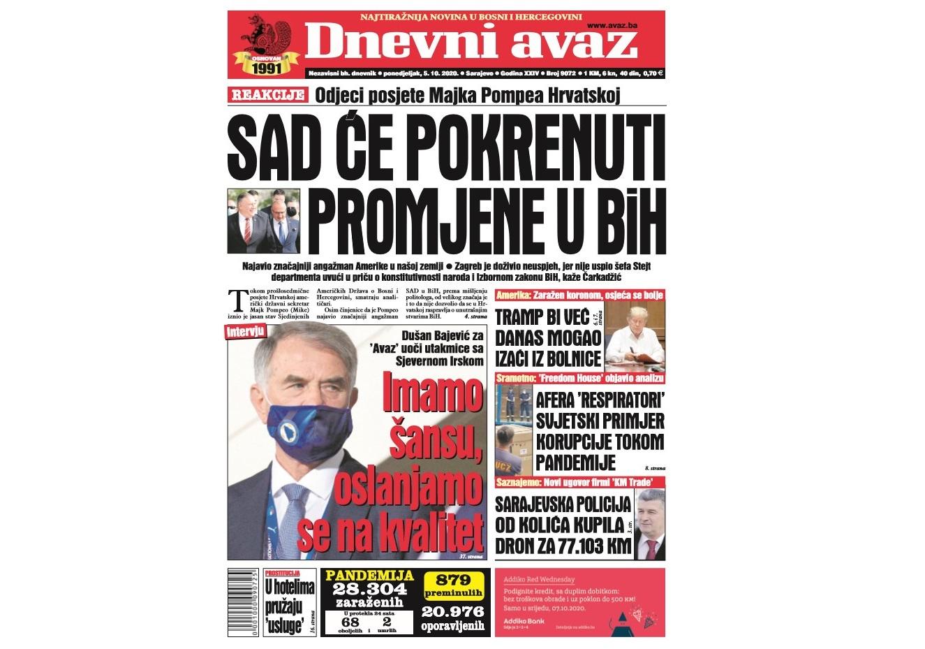 Danas u "Dnevnom avazu" čitajte: SAD će pokrenuti promjene u BiH
