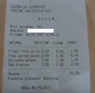 Faksimil računa za dva obroka u zgradi Vijeća ministara - Avaz